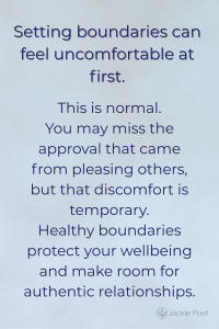 Text image explaining that setting boundaries can feel lonely at first but the discomfort is part of learning self-worth; pale blue background.