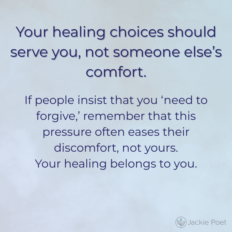 Text image explaining that pressure to forgive often serves others’ comfort rather than the survivor’s healing; pale blue background.