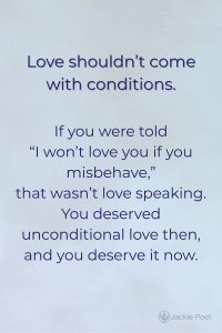 Quote graphic explaining that real love is not earned through obedience or performance; soft turquoise background with gentle typography.