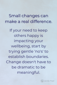 Text image explaining that people can begin to unlearn people-pleasing by setting small boundaries and saying gentle no’s; soft blue background.