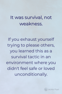 Text image explaining that people-pleasing begins as a childhood survival strategy to stay safe from conflict or rejection; calm blue background.