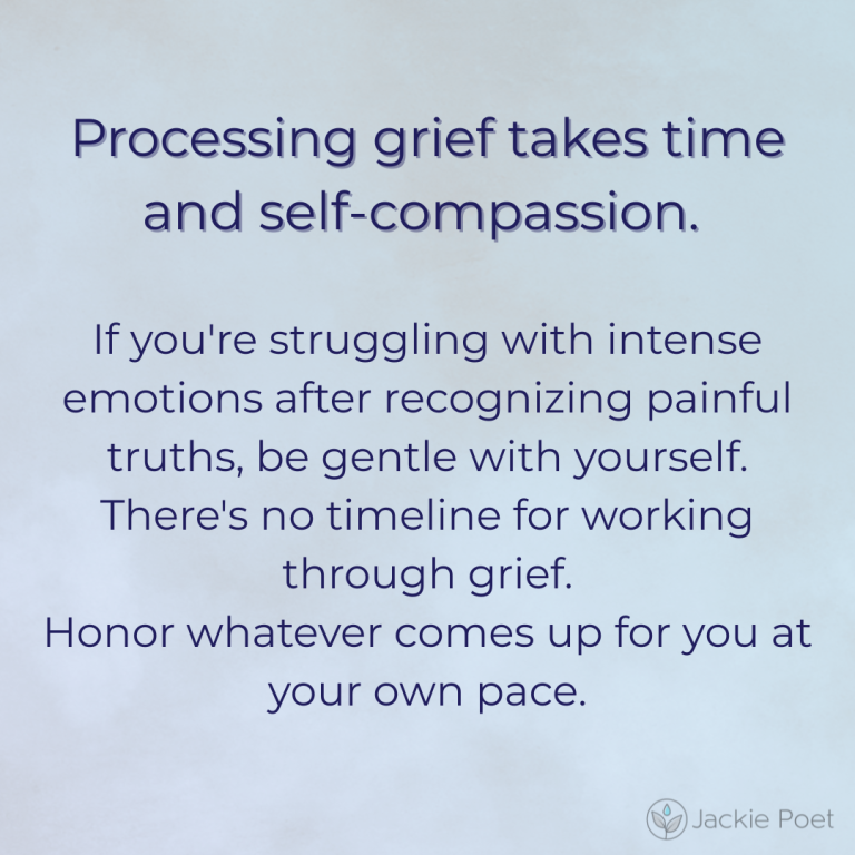 Text image explaining that processing grief from childhood trauma involves allowing emotions and seeking support without rushing; soft blue background.