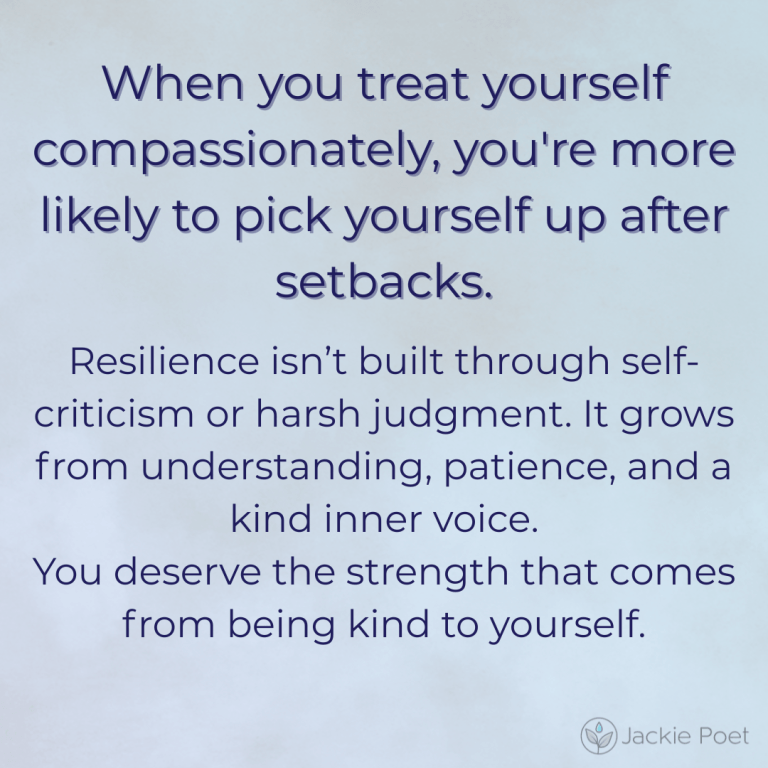 Text image explaining that self-compassion helps people recover from setbacks and build resilience; pale blue background.